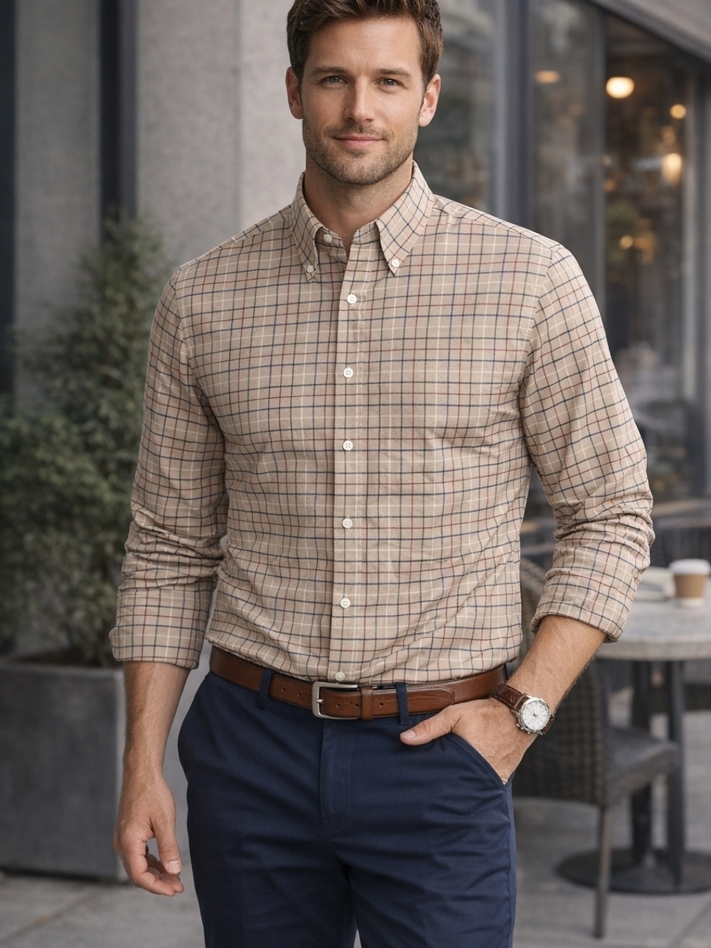Brooks Brothers Regent Fit L Plaid Button Shirt Non Iron Cotton Beig